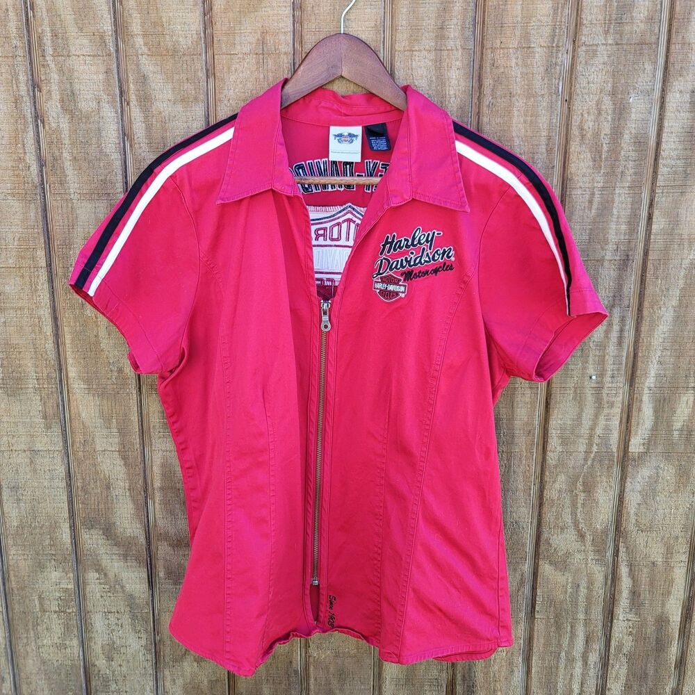 Harley Davidson Zippered Down Red Embroidered Front And Full Back Womens Size XL